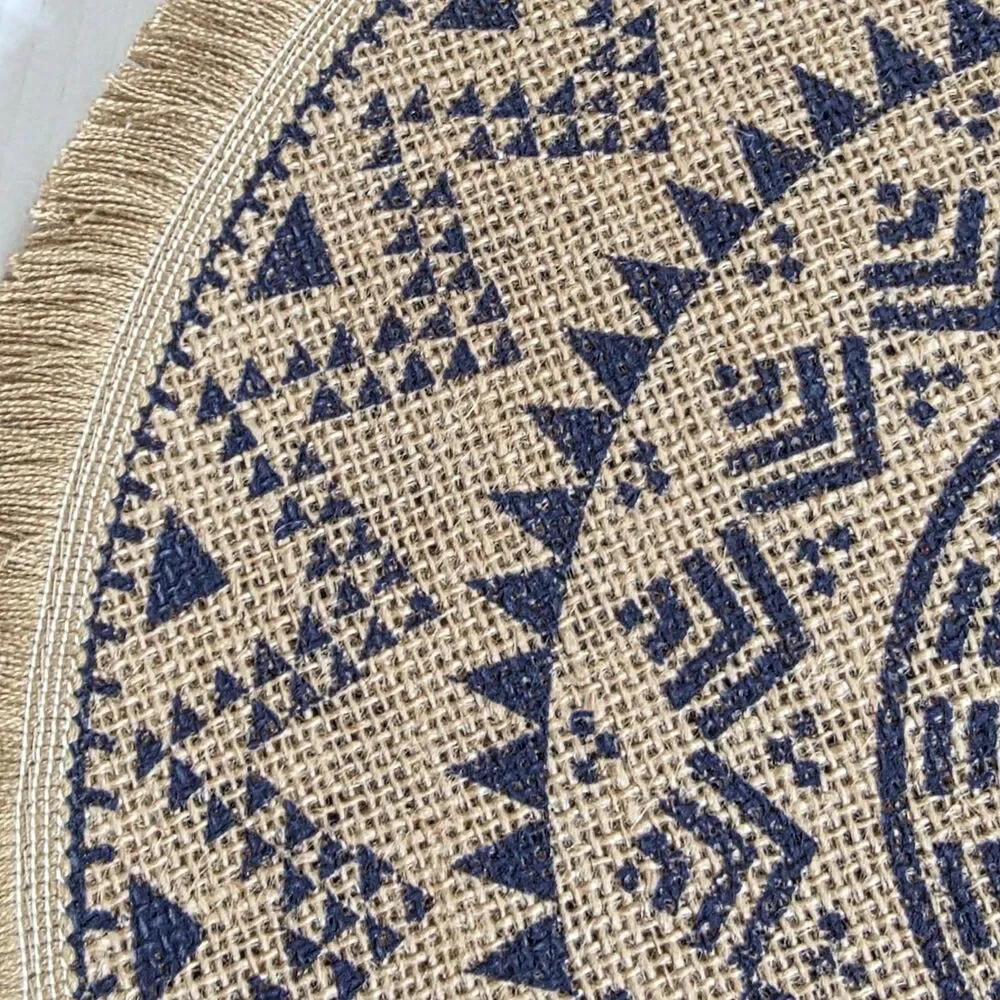 NWOT Boho Round Jute Placemats Navy Blue Mandala Fringed Set of 4 Thanksgiving